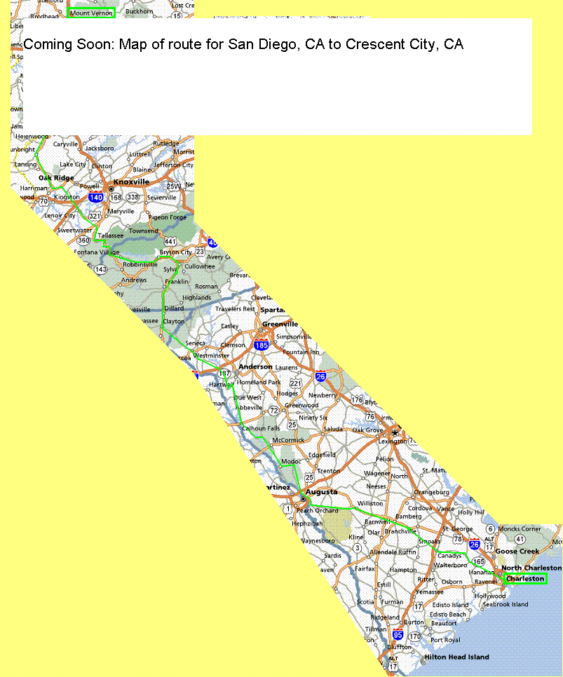 Map of the route from San Diego, California, to Crescent City, California