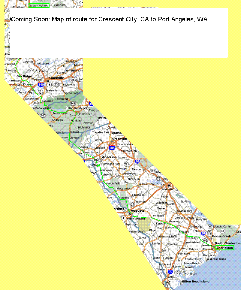 Map of the route from Crescent City, California, to Port Angeles, Washington